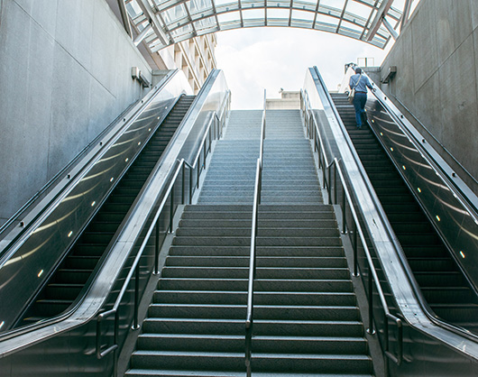 Canopy stairway and escalators at Judiciary Square Station, completed September 2021