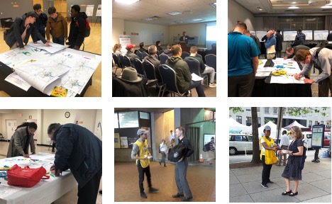 Photographics depicting public engagement events for the BOS study, including engagement events at Metro stations and public meetings.