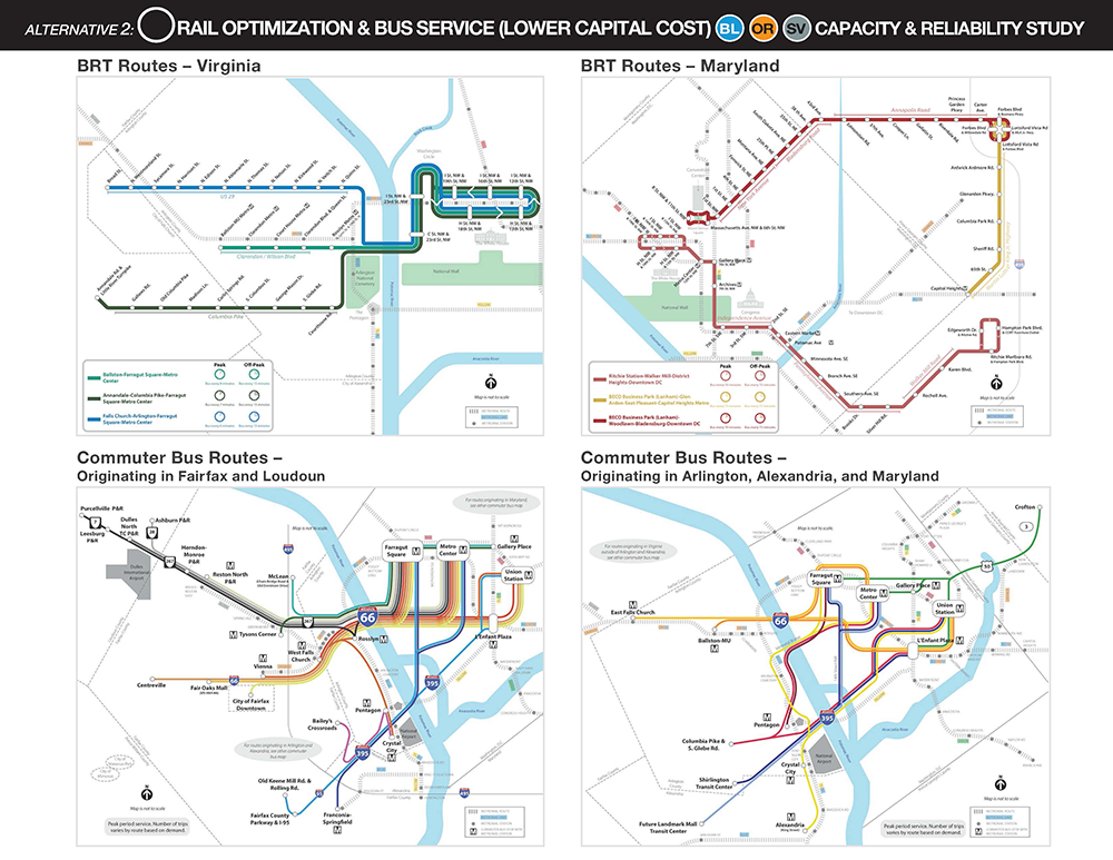 Image showing regional  bus rapid transit and commuter bus routes included as part of the Lower Capital Cost Alternative. This alternative includes a network of enhanced bus services, dynamic rail scheduling, exploring options to increase passenger capacity in stations and railcars, and building infrastructure near the West Falls Church and Stadium-Armory stations that can support train turnbacks and reduce the footprint of single-tracking operations and construction zones.